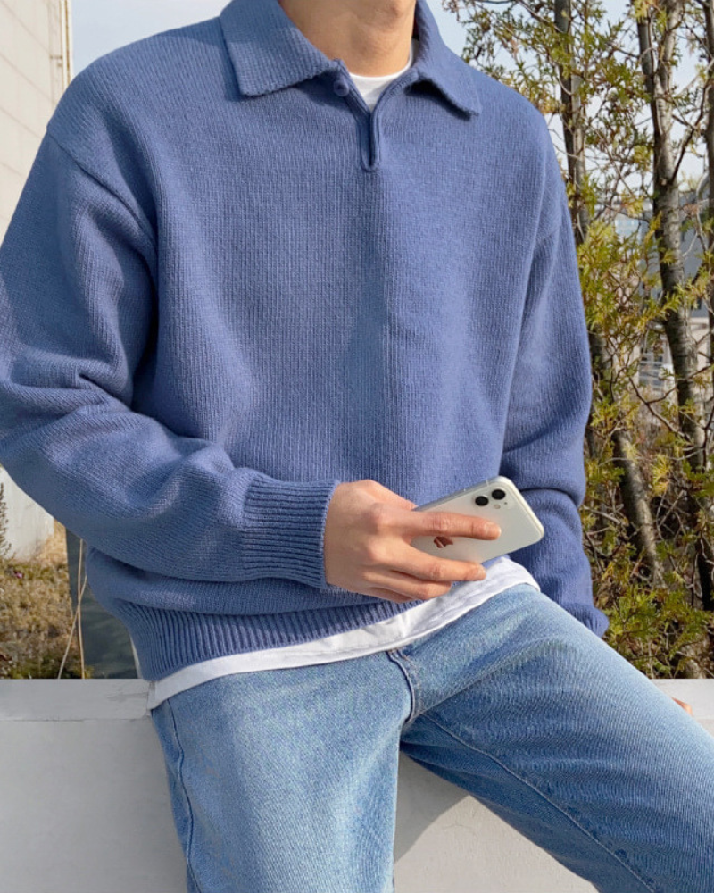 Men's Long-Sleeve Button Sweater With a Wide Collar - Blue