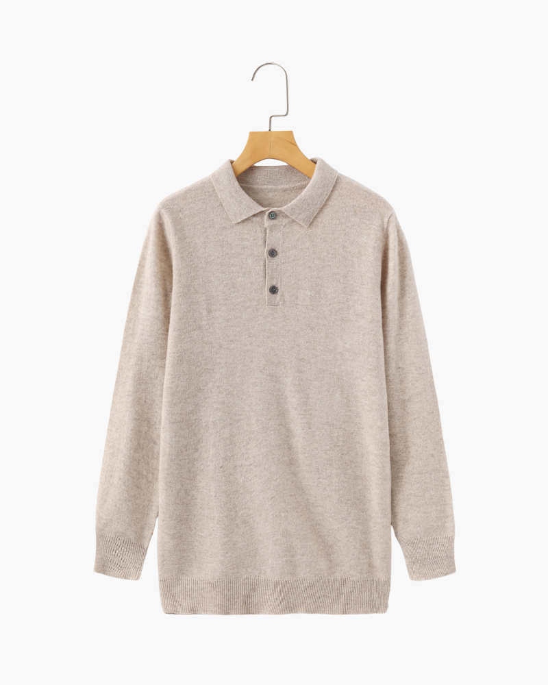 Men's Long-Sleeve Polo With a Three-Button Neckline - Beige