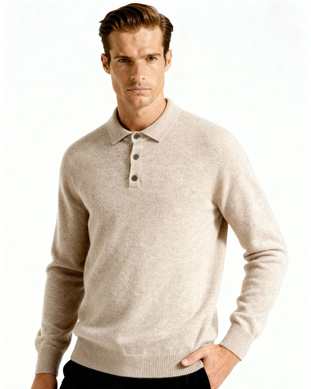 Men's Long-Sleeve Polo With a Three-Button Neckline - Beige