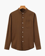 Men's Mandarin Collar Shirt With a Chest Pocket - Brown