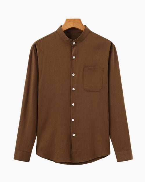 Men's Mandarin Collar Shirt With a Chest Pocket - Brown