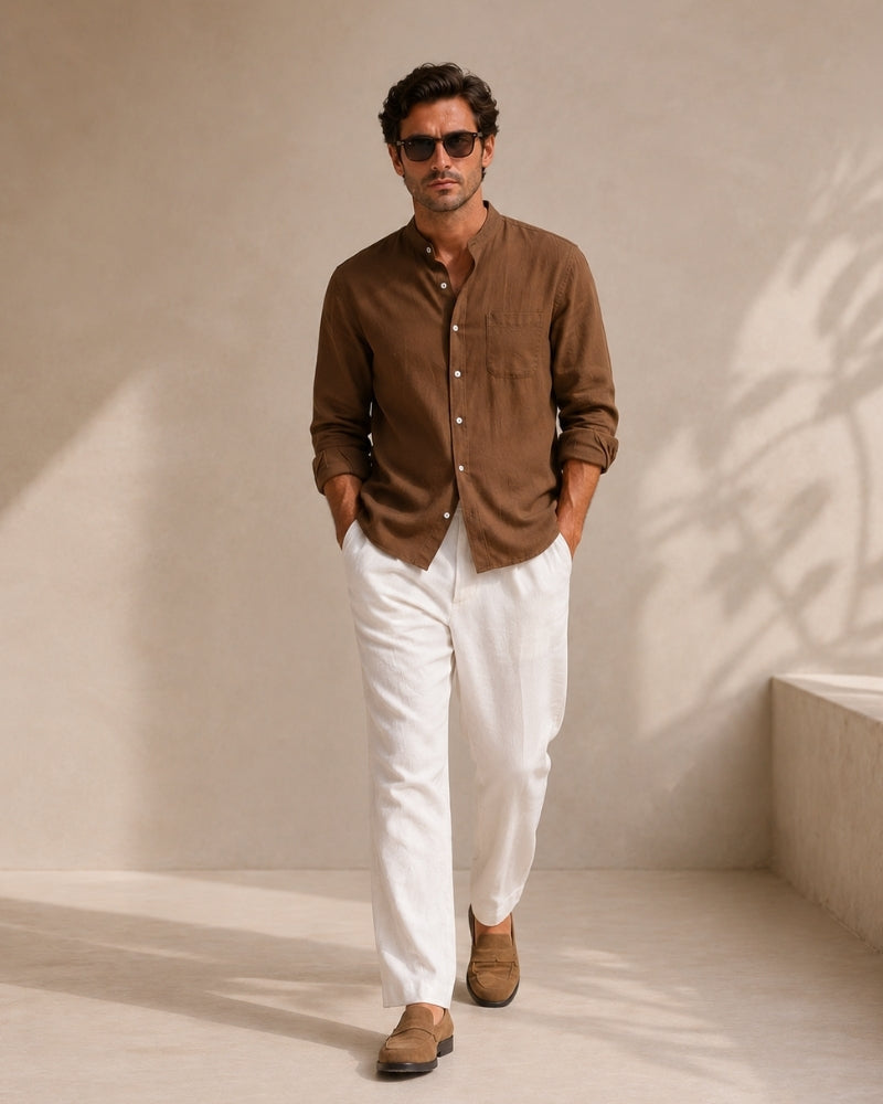 Men's Mandarin Collar Shirt With a Chest Pocket - Brown