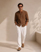 Men's Mandarin Collar Shirt With a Chest Pocket - Brown