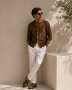 Men's Mandarin Collar Shirt With a Chest Pocket - Brown