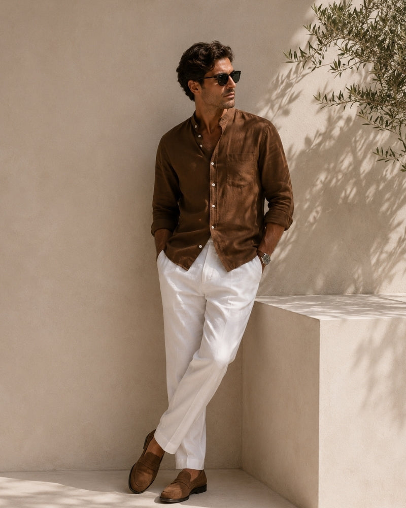 Men's Mandarin Collar Shirt With a Chest Pocket - Brown