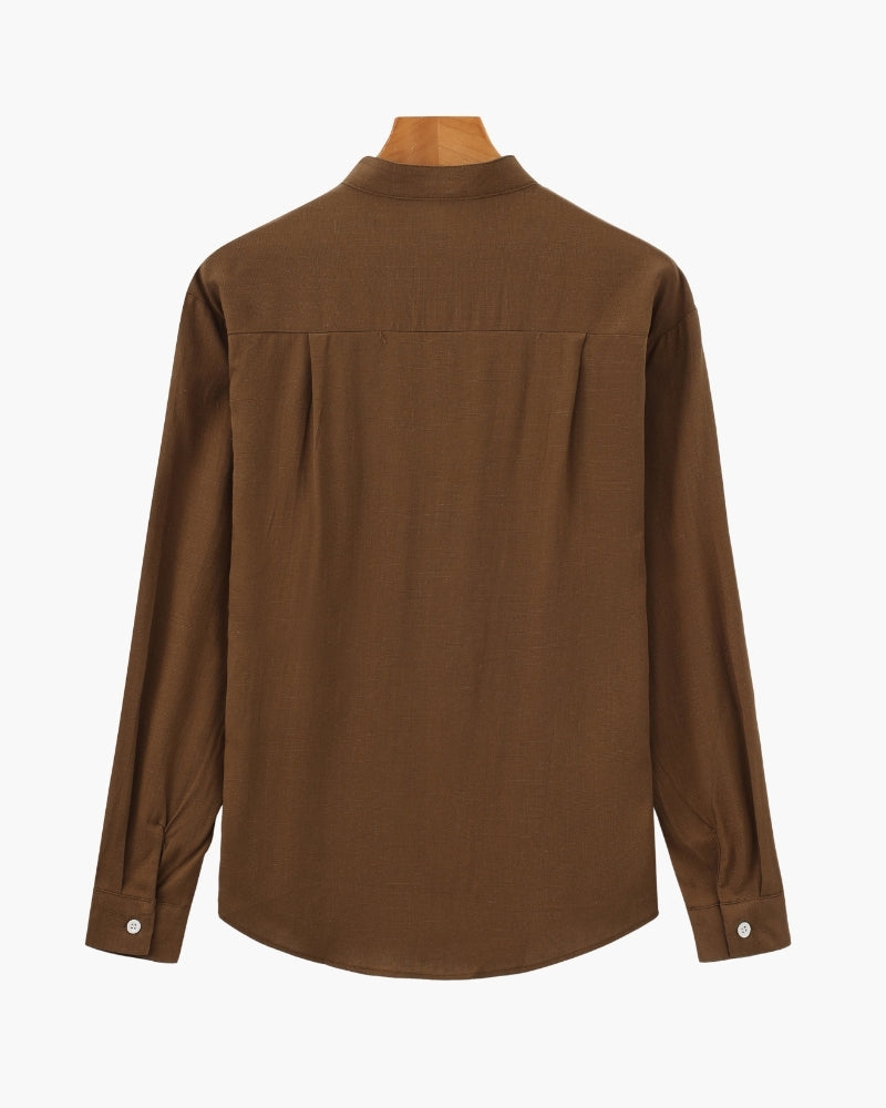 Men's Mandarin Collar Shirt With a Chest Pocket - Brown