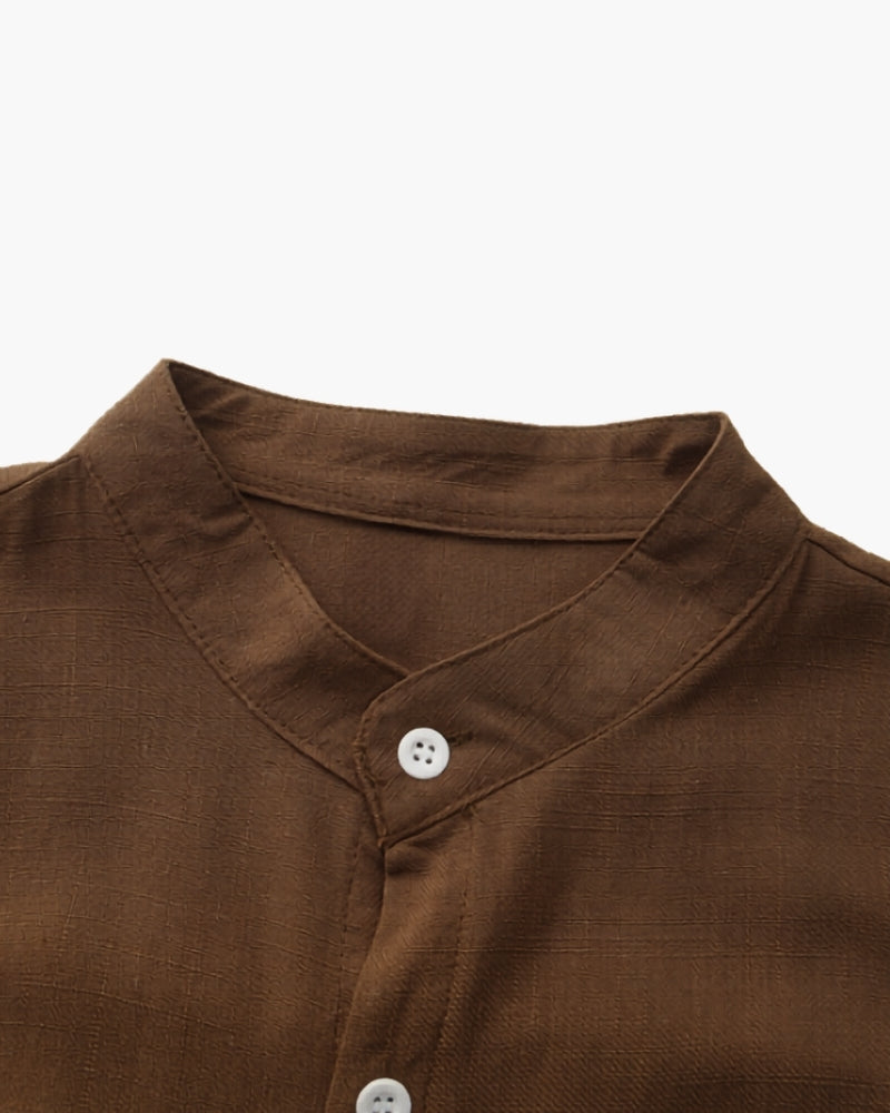 Men's Mandarin Collar Shirt With a Chest Pocket - Brown
