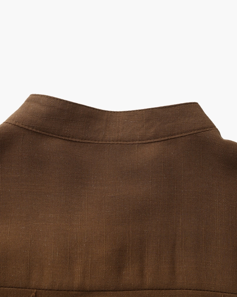 Men's Mandarin Collar Shirt With a Chest Pocket - Brown