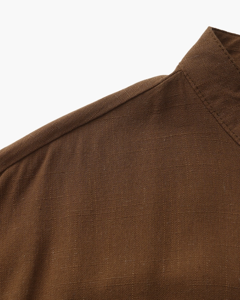 Men's Mandarin Collar Shirt With a Chest Pocket - Brown