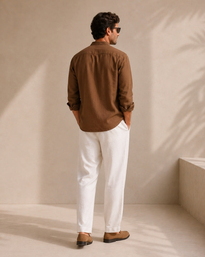 Men's Mandarin Collar Shirt With a Chest Pocket - Brown