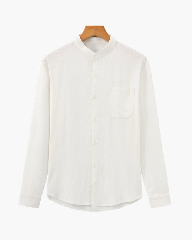 Men's Mandarin Collar Shirt With a Chest Pocket - White