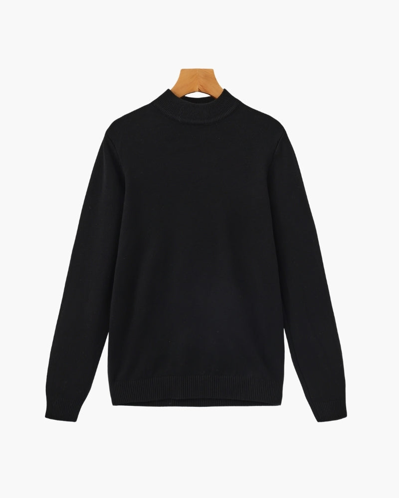 Men's Mock-Neck Sweater With Fine Ribbed Borders - Black