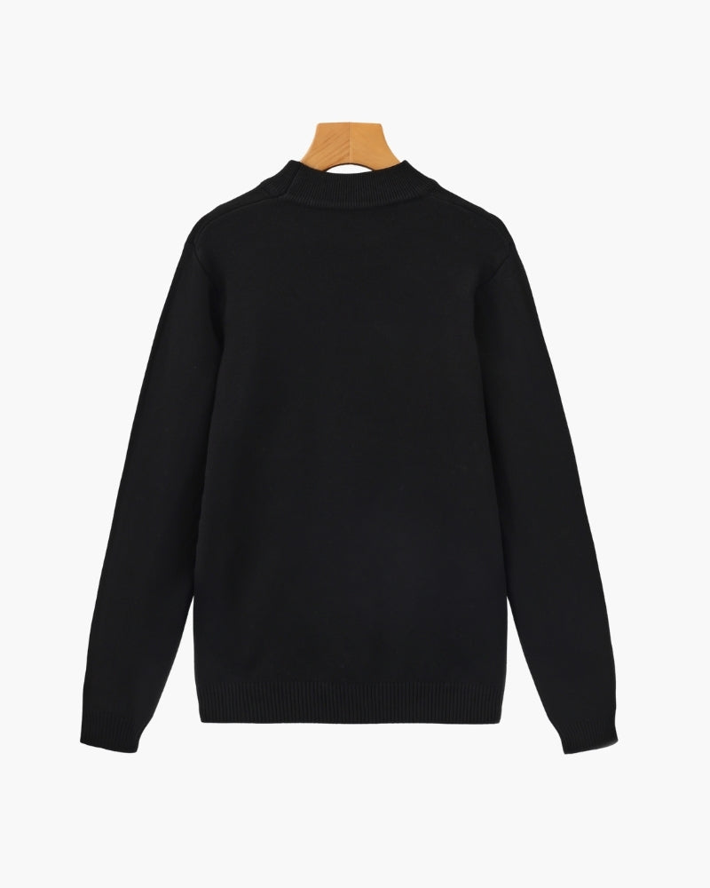Men's Mock-Neck Sweater With Fine Ribbed Borders - Black
