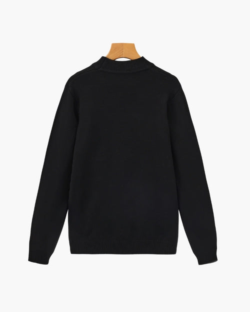 Men's Mock-Neck Sweater With Fine Ribbed Borders - Black