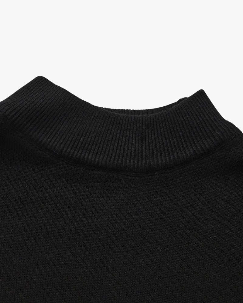 Men's Mock-Neck Sweater With Fine Ribbed Borders - Black
