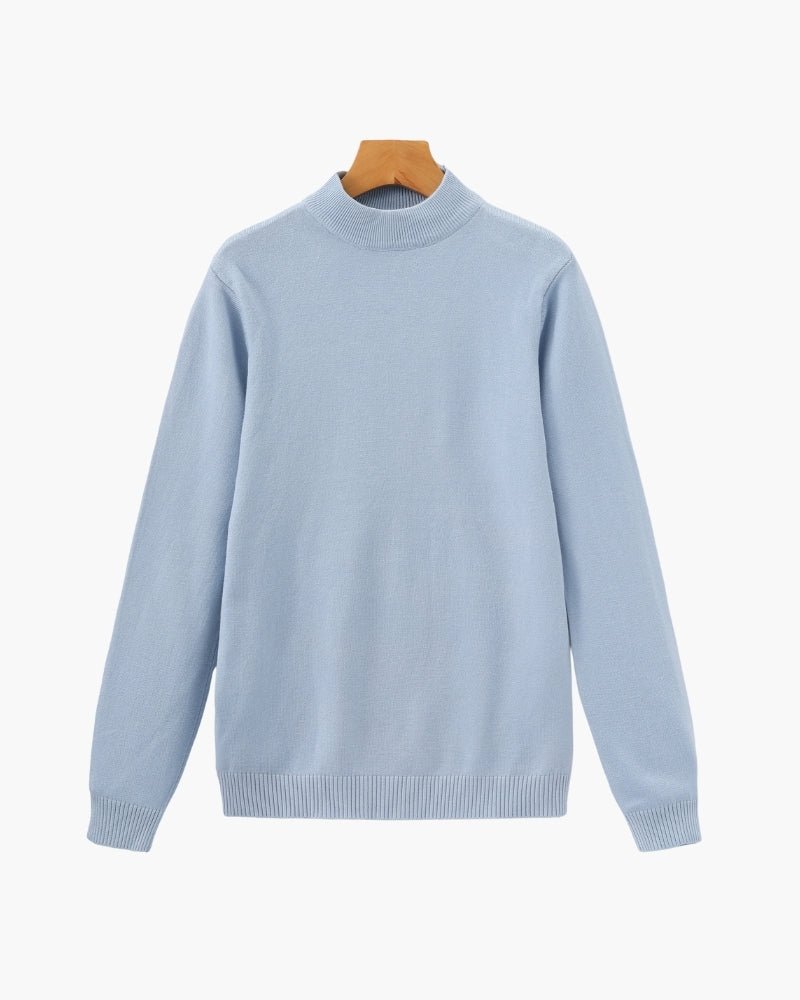 Men's Mock-Neck Sweater With Fine Ribbed Borders - Sky Blue