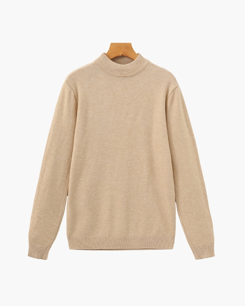 Men's Mock-Neck Sweater With Fine Ribbed Borders - Beige