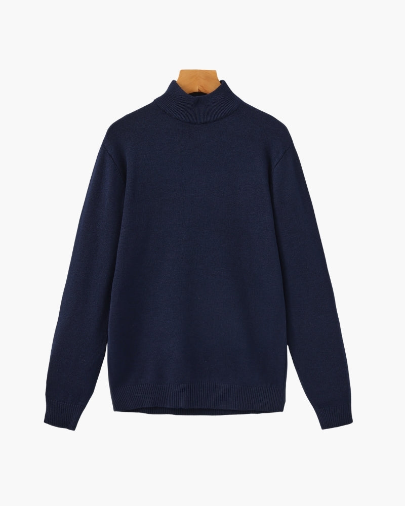 Men's Mock-Neck Sweater With Fine Ribbed Borders - Marine Blue