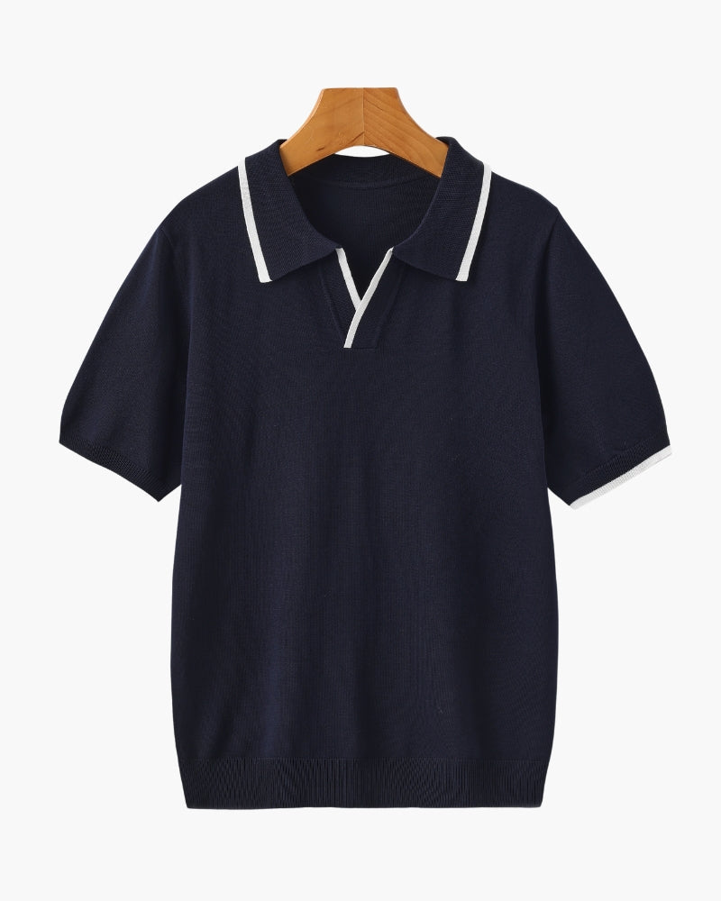 Men's Open-Placket Polo With Contrast Edge Stripes - Navy