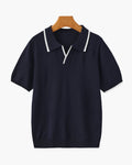 Men's Open-Placket Polo With Contrast Edge Stripes - Navy