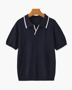 Men's Open-Placket Polo With Contrast Edge Stripes - Navy