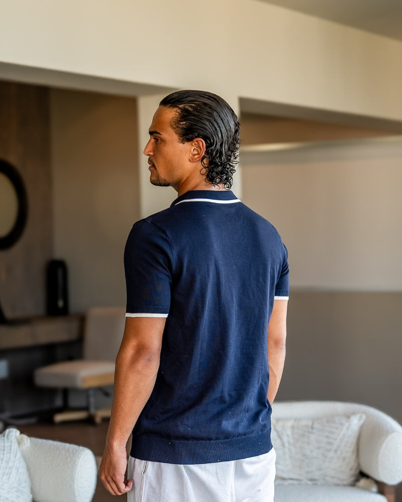 Men's Open-Placket Polo With Contrast Edge Stripes - Navy