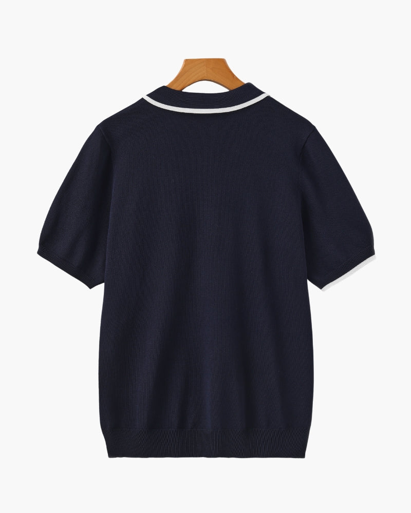 Men's Open-Placket Polo With Contrast Edge Stripes - Navy