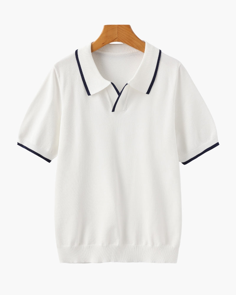 Men's Open-Placket Polo With Contrast Edge Stripes - White
