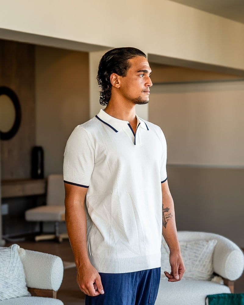 Men's Open-Placket Polo With Contrast Edge Stripes - White