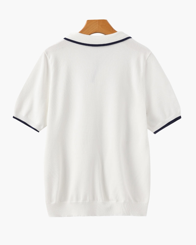 Men's Open-Placket Polo With Contrast Edge Stripes - White