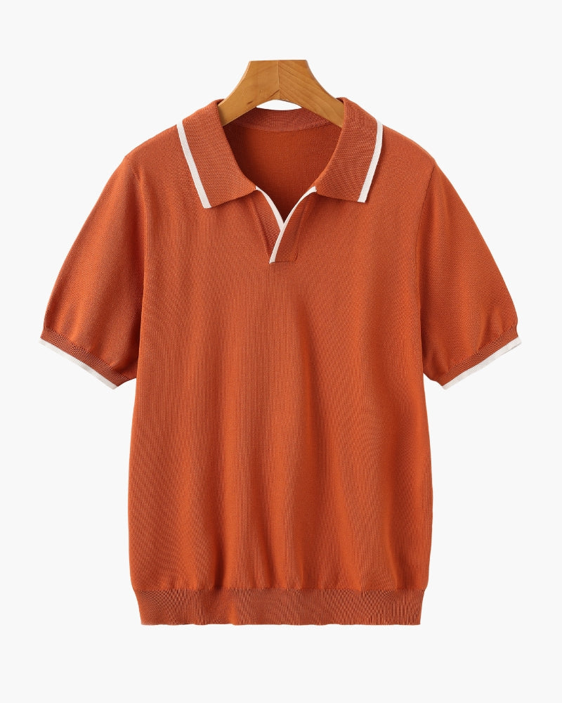 Men's Open-Placket Polo With Contrast Edge Stripes - Orange
