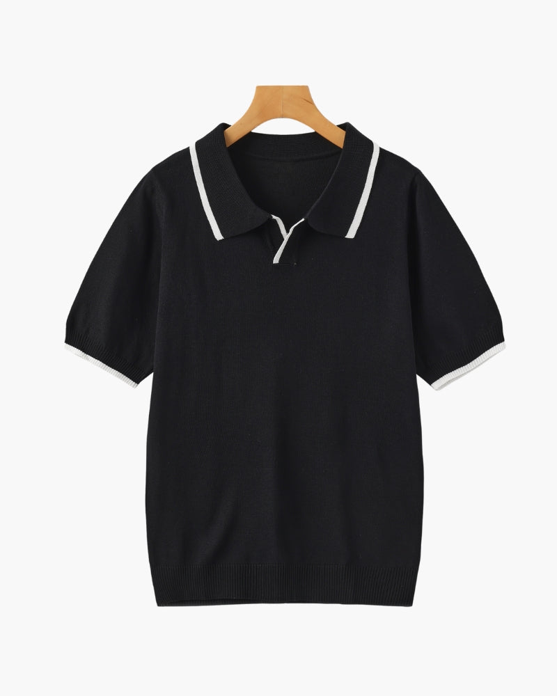 Men's Open-Placket Polo With Contrast Edge Stripes - Black