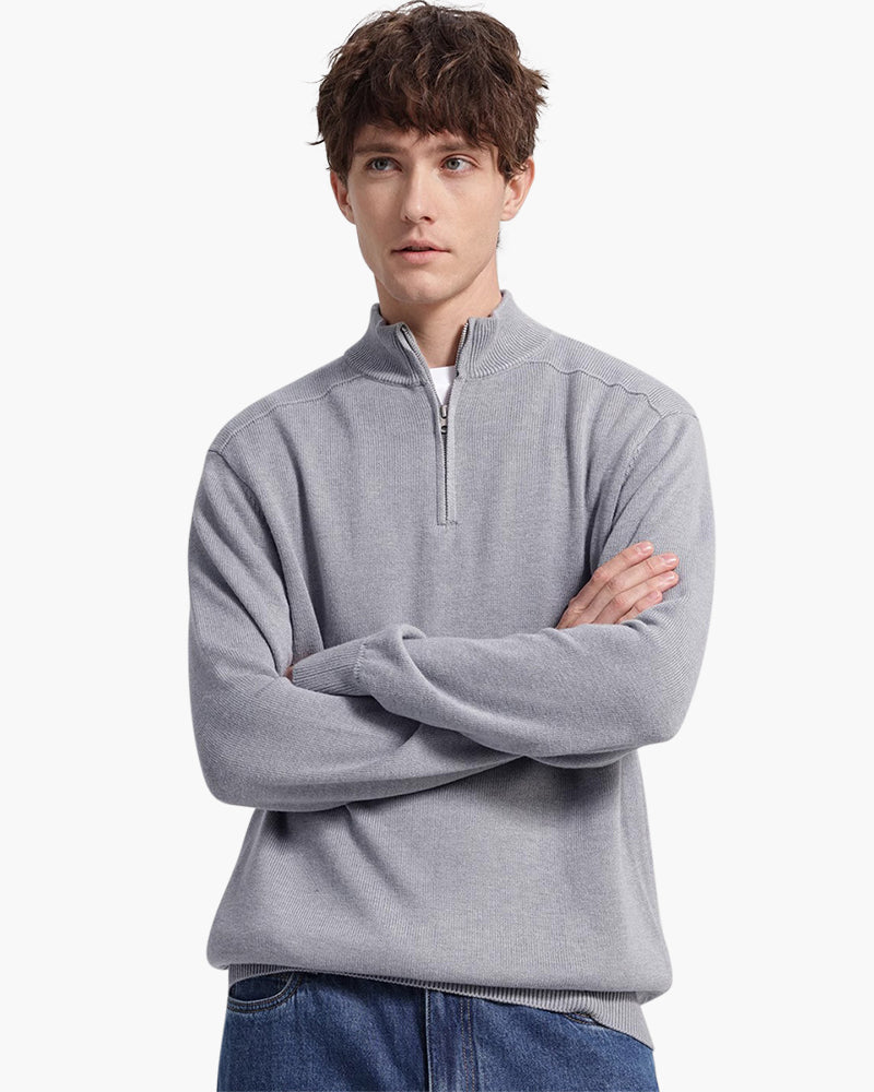 Men's Plain Half-Zip Sweater With a Raised Neckline - Gray