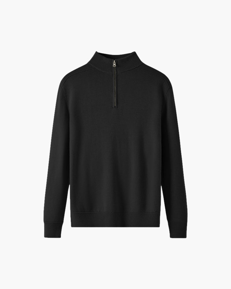 Men's Plain Half-Zip Sweater With a Raised Neckline - Black