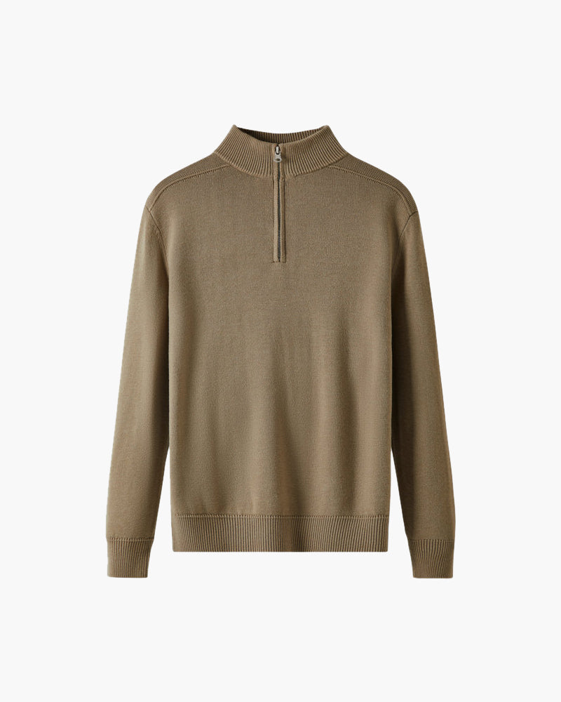 Men's Plain Half-Zip Sweater With a Raised Neckline - Beige