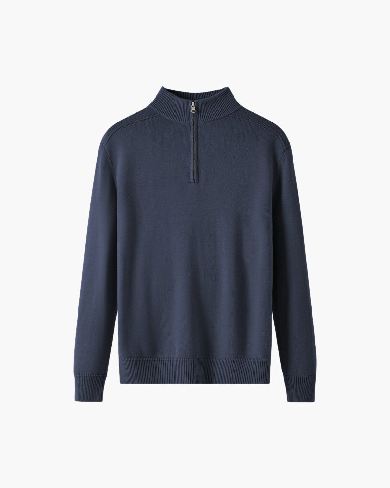 Men's Plain Half-Zip Sweater With a Raised Neckline - Navy