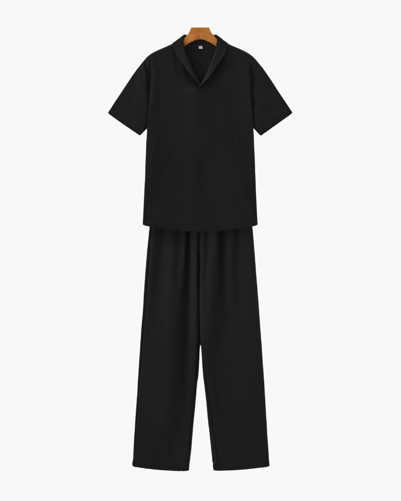 Men's Plain Polo and Trousers Set With Open Hems - Black