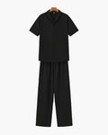 Men's Plain Polo and Trousers Set With Open Hems - Black