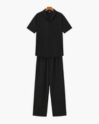 Men's Plain Polo and Trousers Set With Open Hems - Black
