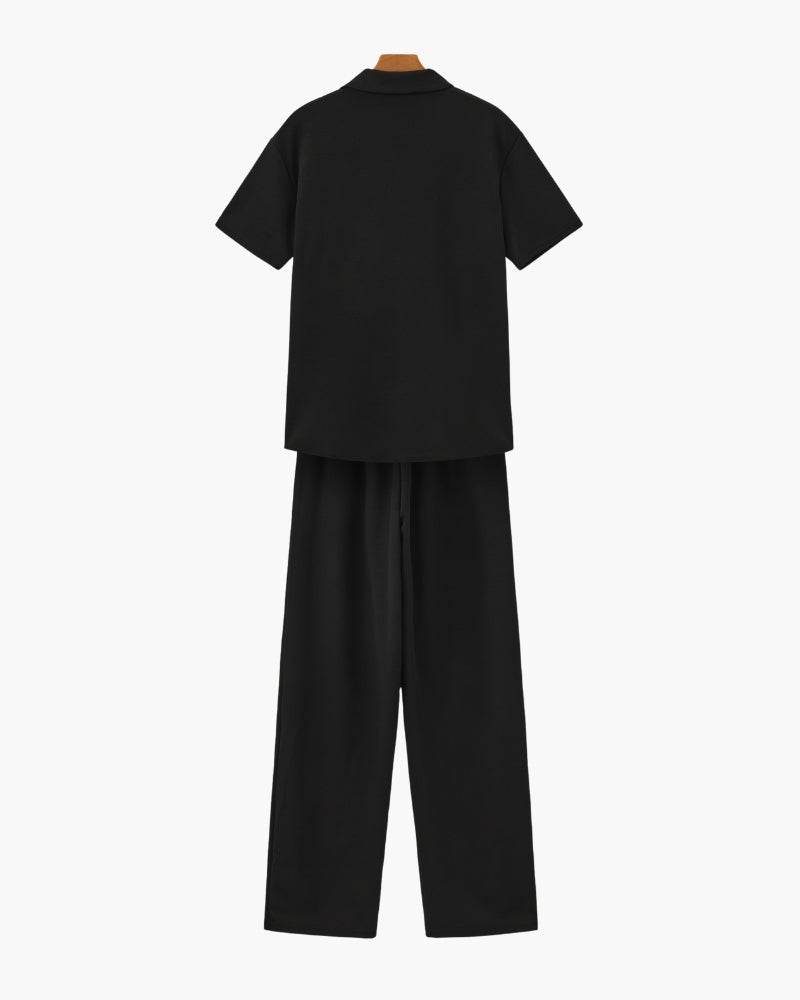 Men's Plain Polo and Trousers Set With Open Hems - Black