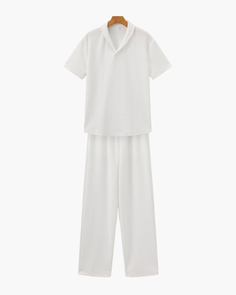 Men's Plain Polo and Trousers Set With Open Hems - White