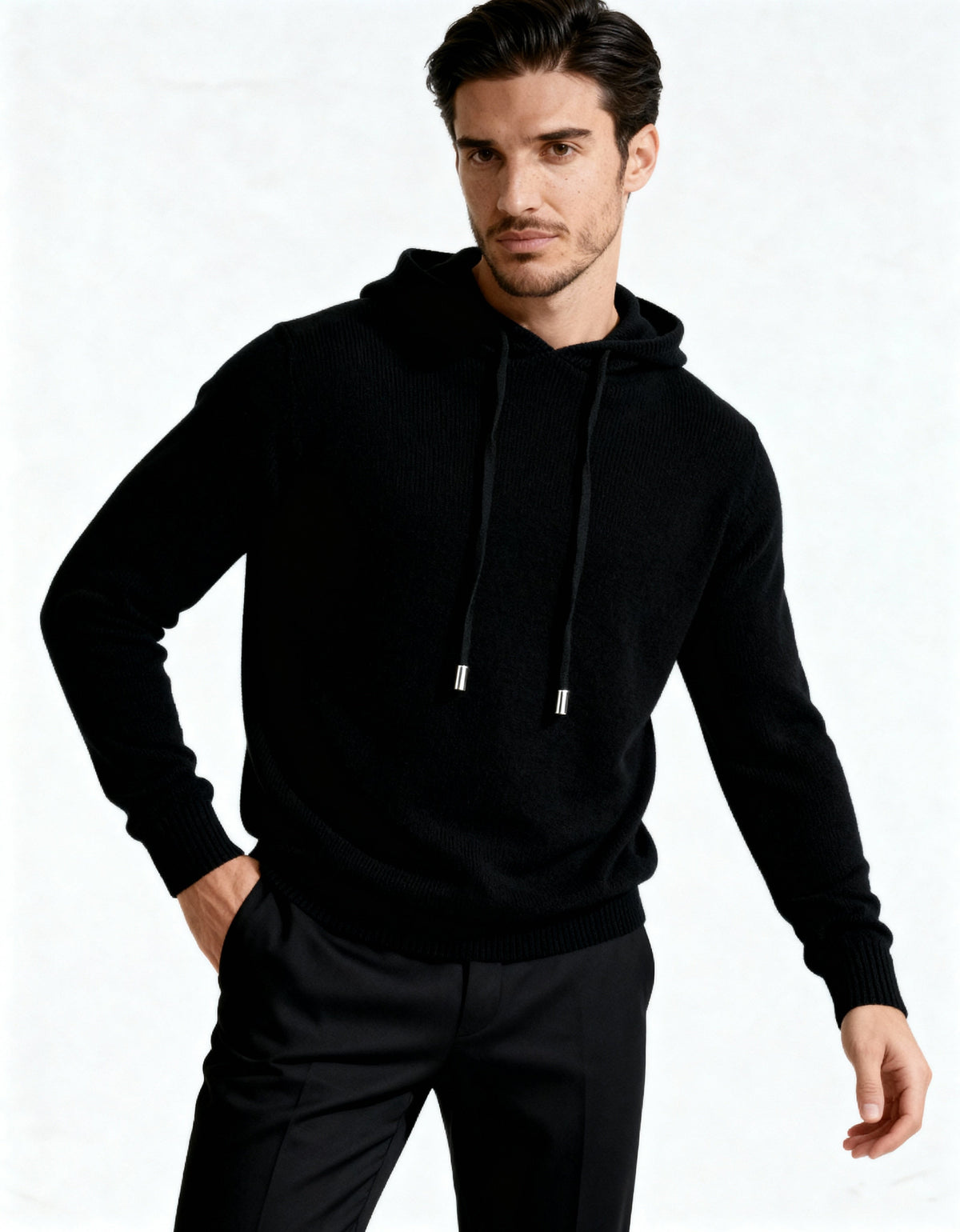 Men's Plain Pullover Hoodie With a Drawstring Neck - Black
