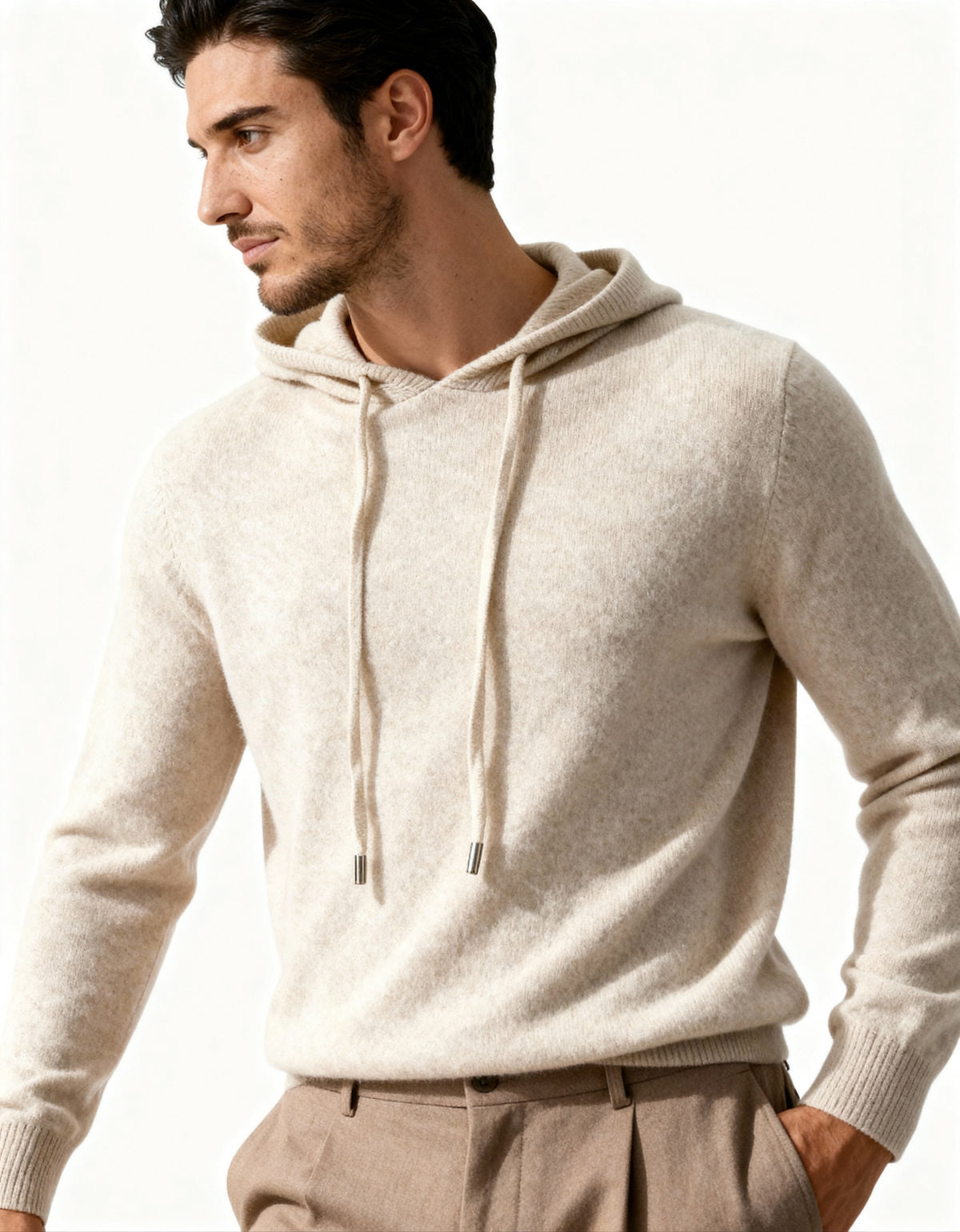 Men's Plain Pullover Hoodie With a Drawstring Neck - Beige