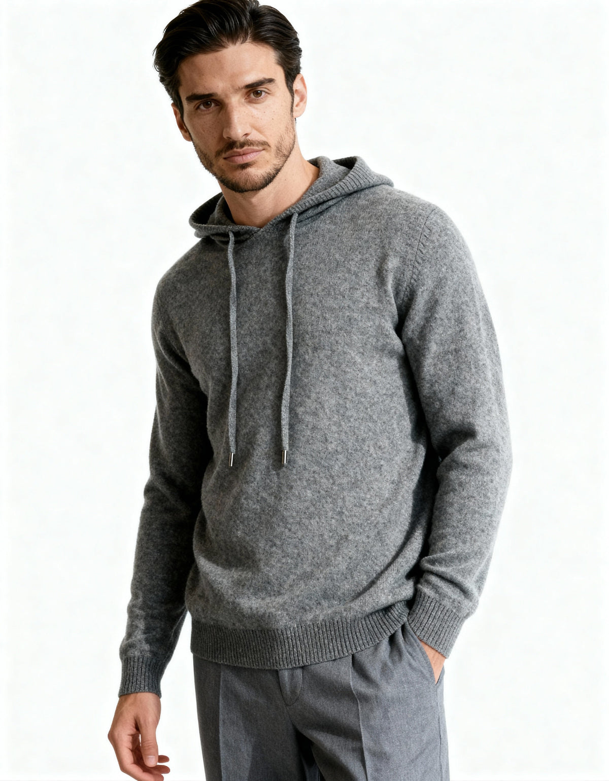 Men's Plain Pullover Hoodie With a Drawstring Neck - Gray