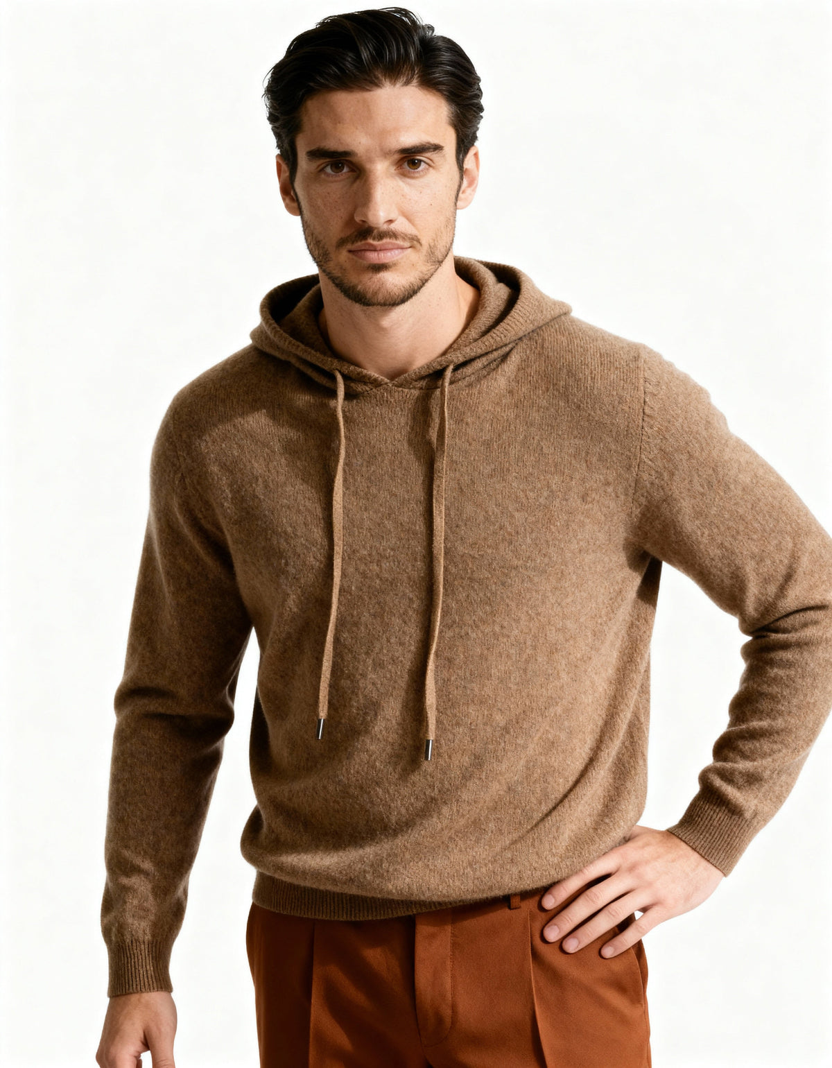 Men's Plain Pullover Hoodie With a Drawstring Neck - Brown
