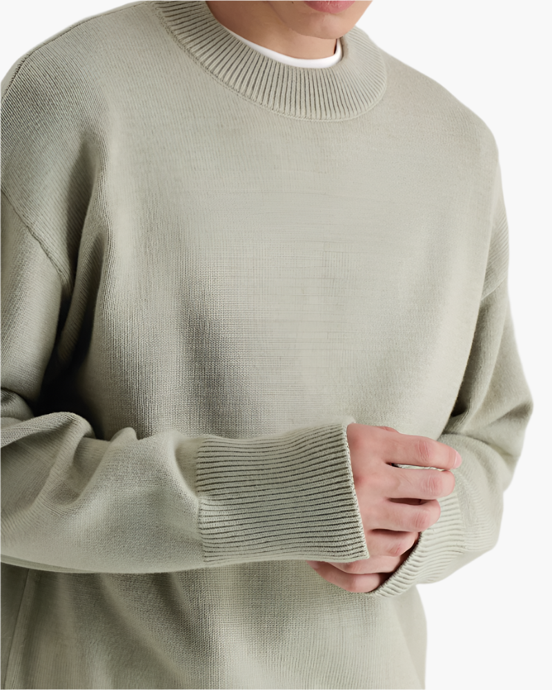 Men's Plain Raised-Neck Sweater With Ribbed Borders - Green