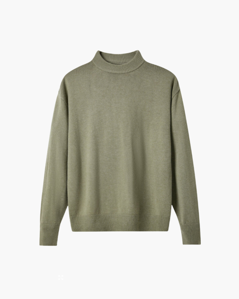 Men's Plain Raised-Neck Sweater With Ribbed Borders - Green