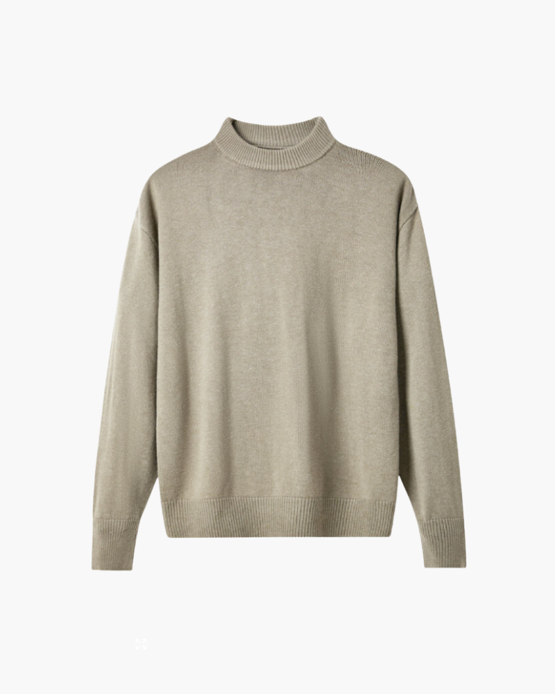 Men's Plain Raised-Neck Sweater With Ribbed Borders - Beige