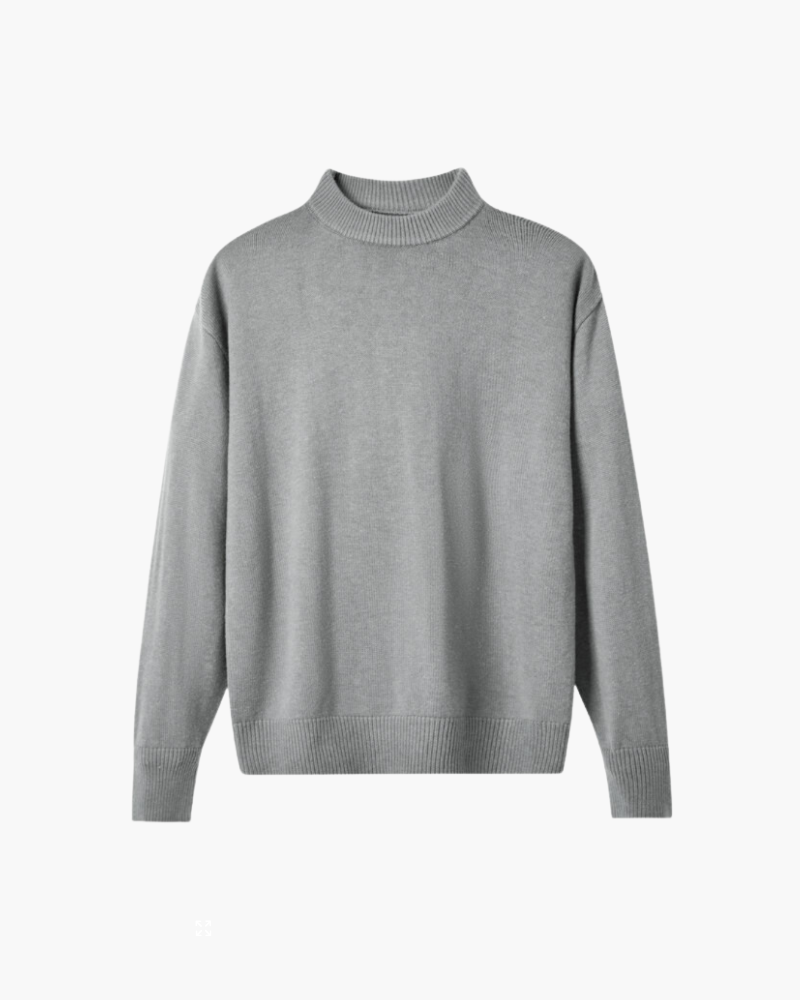 Men's Plain Raised-Neck Sweater With Ribbed Borders - Gray