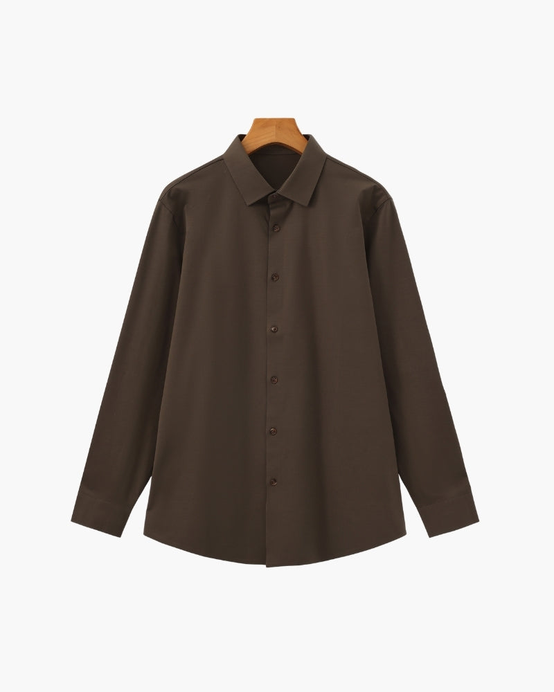 Men's Point-Collar Shirt With a Curved Lower Hem - Dark Brown